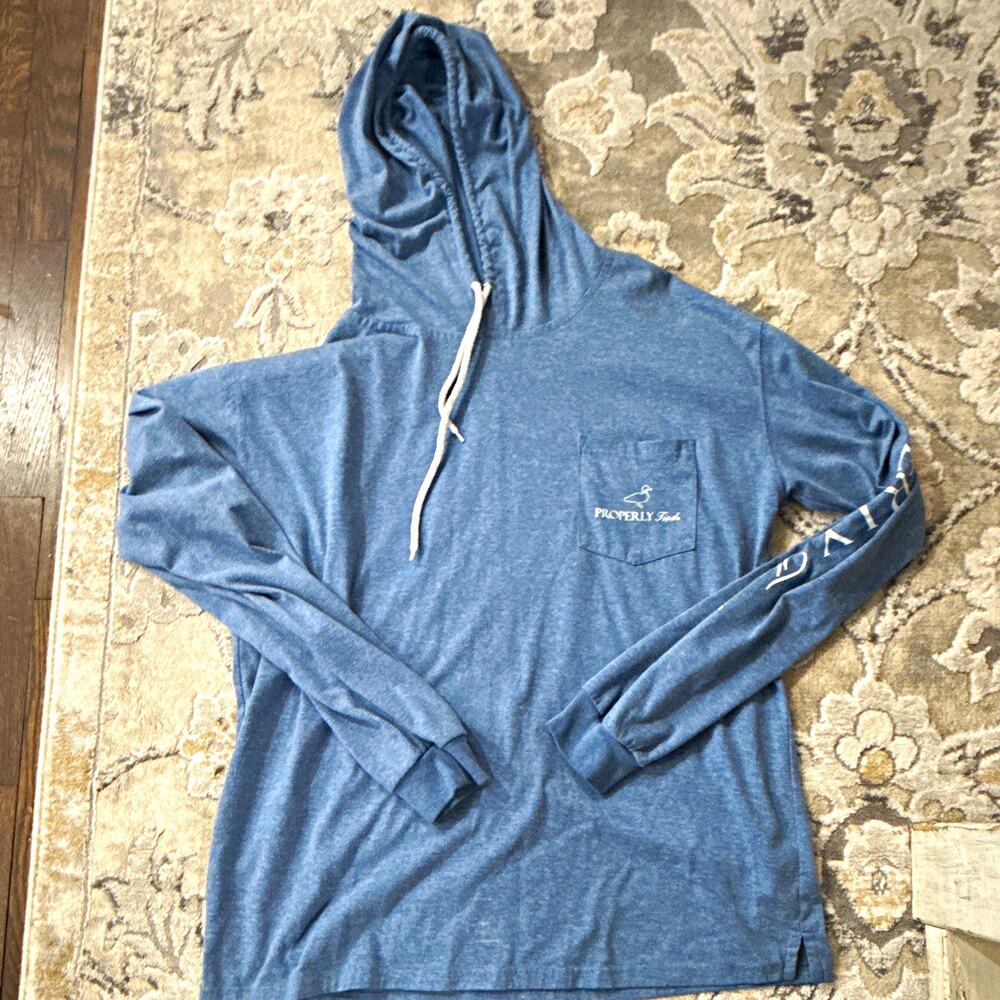 Properly Tied Blue Pullover Hoodie L 100% Pima Cotton Knit Solid Drawstring Logo
